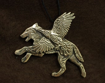 Wolf and Raven Winged Wolf bronze pendant necklace