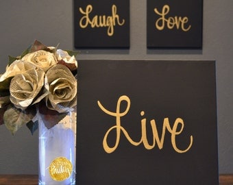 Live Laugh Love Canvas Wall Art Paintings 3 Piece Value Pack Wall Hangings Black & Gold Modern Chic Cozy Living Room Wall Decor Home Decor