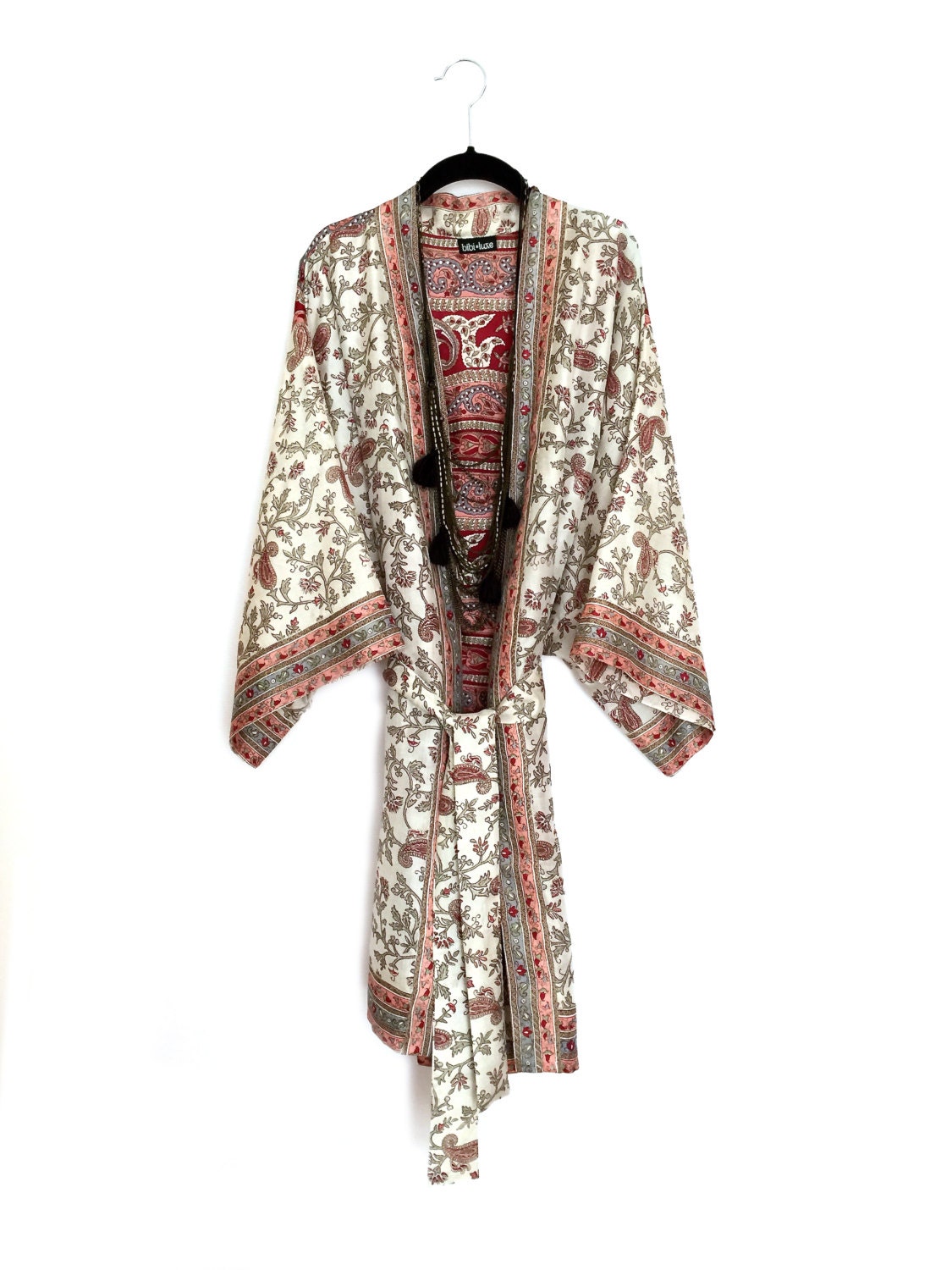 Silk long Kimono jacket / beach cover up Indian border by Bibiluxe