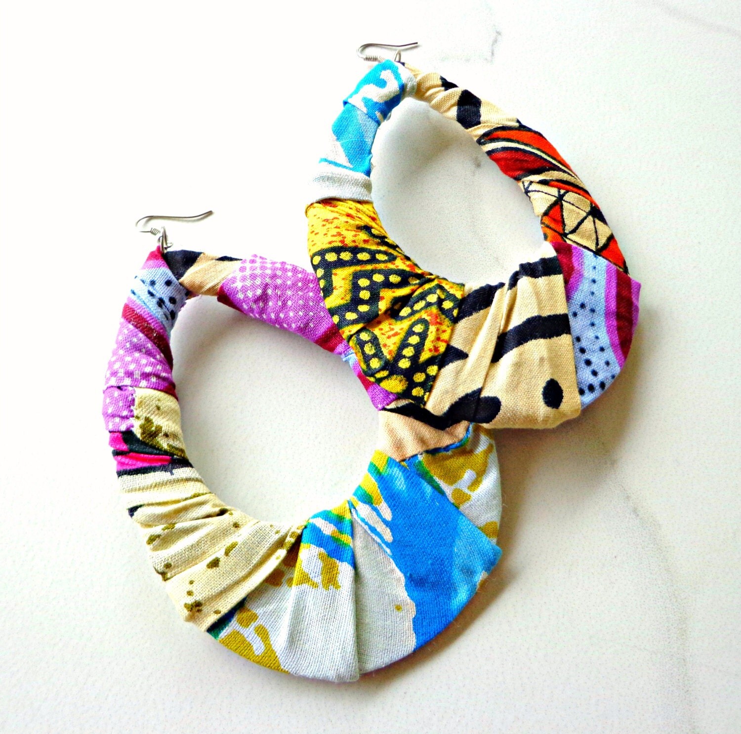 African Patchwork Fabric Hoop Earrings Fabric by KheperaAdornments