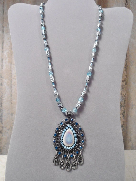 Boho Bohemian Necklace Large Chunky Silver Blue Pendant Beaded