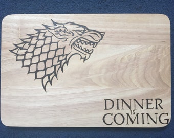 Game of Thrones Hand Burned House Stark "Dinner is Coming" Pyrography Chopping Board