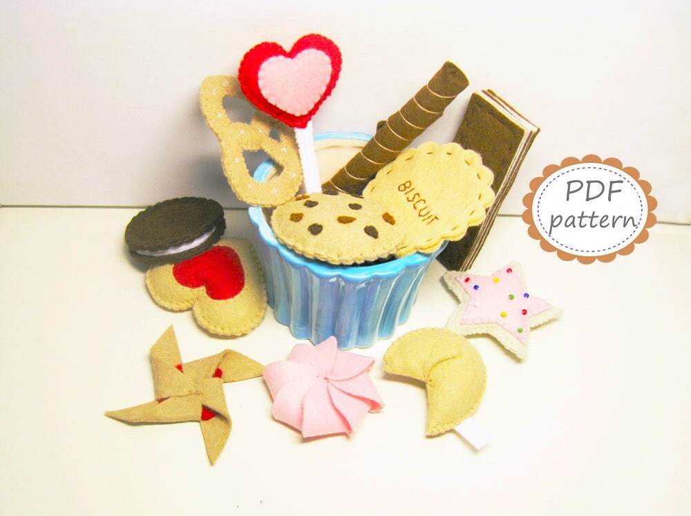 Felt play food pattern 12 sweets Cookies Lollipop Biscuit