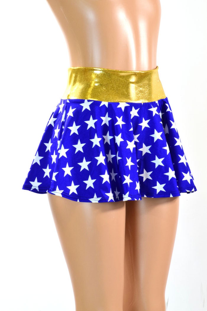 Blue And White Star Print Circle Cut Mini Skirt With Gold Waist
