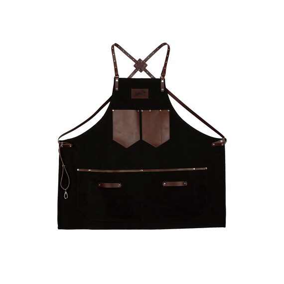 Barista Apron Black Canvas with Brown Leather Strap by KustomDuo