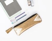 Gold Leather Pencil Case, Triangle Metallic Pen Pouch, Small Cosmetic Bag, Geometric Clutch, Birthday Gift