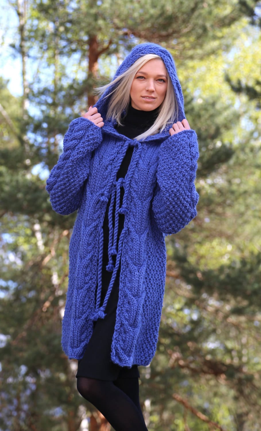 Instant Download PDF pattern. Hand knitted hooded cable knit