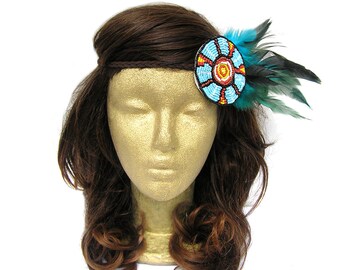 Native American Indian Headdress, Boho Hippie Tribal Jewelry, Feather Headband, Beads and Feather Headband