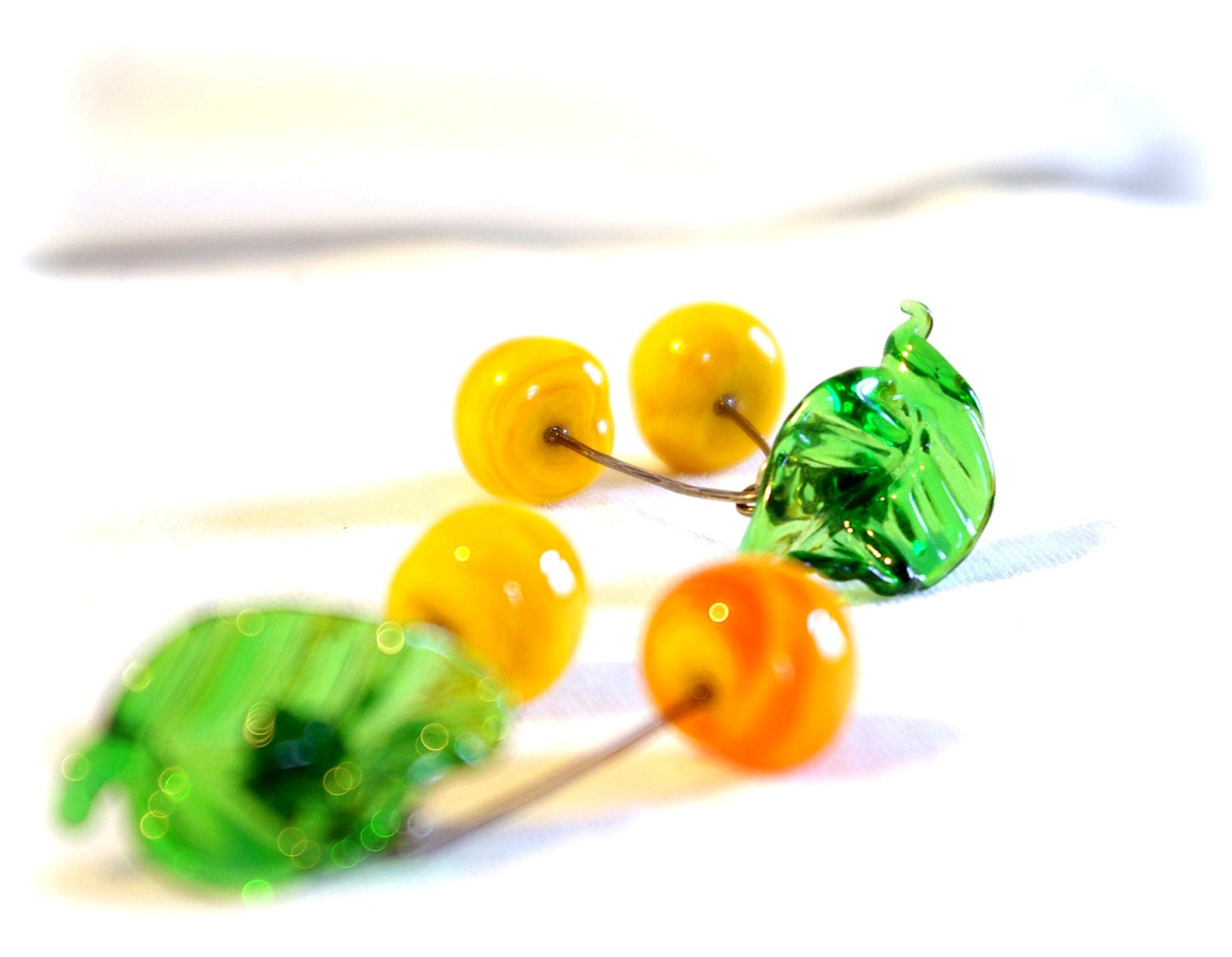 Yellow cherries pair earrings cherry berries lampwork