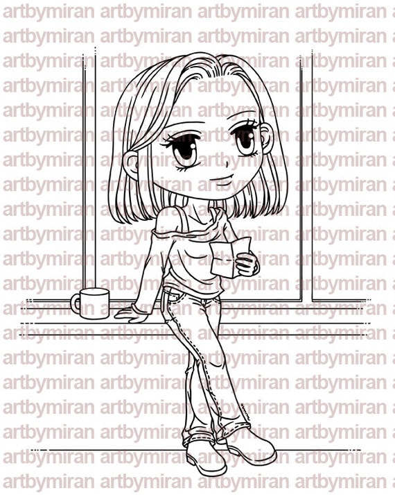 Digital Stamp - Afternoon Aileen, Digi Stamp, Coloring page, Printable Line art for Card and Craft Supply