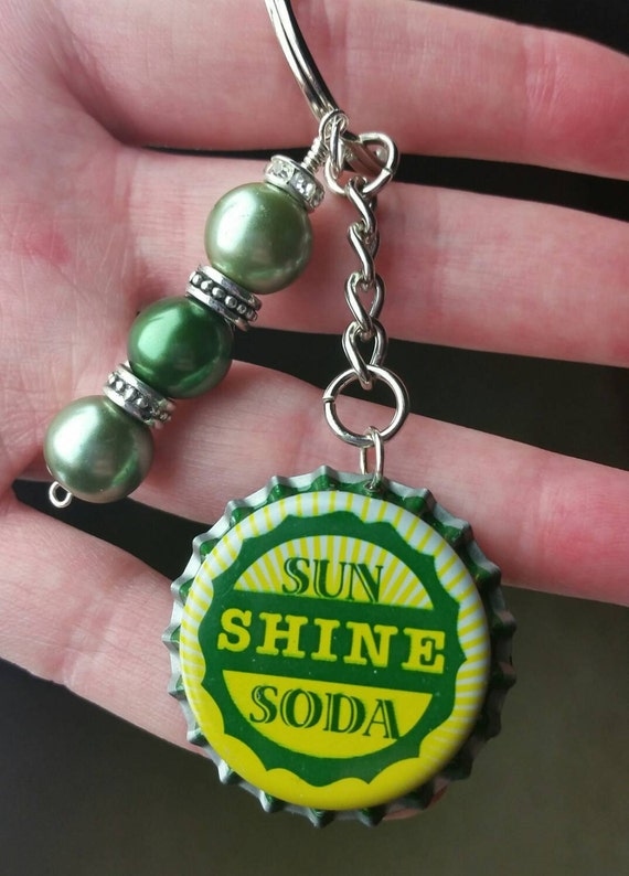 Green Pearl Keychain Handmade Bottlecap by HoneySweetJewelry