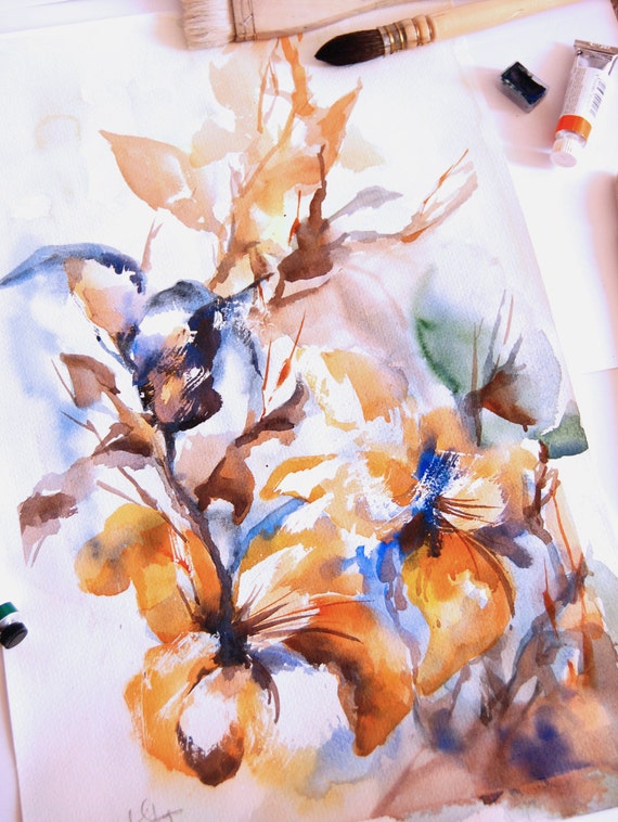 Abstract Flowers Original Watercolor Painting Modern by CanotStop