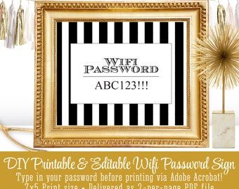 Wifi Password Printable Sign - Wireless Internet Password Sign, Guest Room Decoration, Black White Stripe - 5x7 EDITABLE TEXT PDF