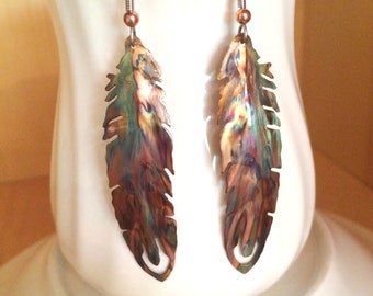 feather earrings, boho feather earrings, feather jewelry, flame painted, copper feather, oxidized copper, torched copper, painted feathers