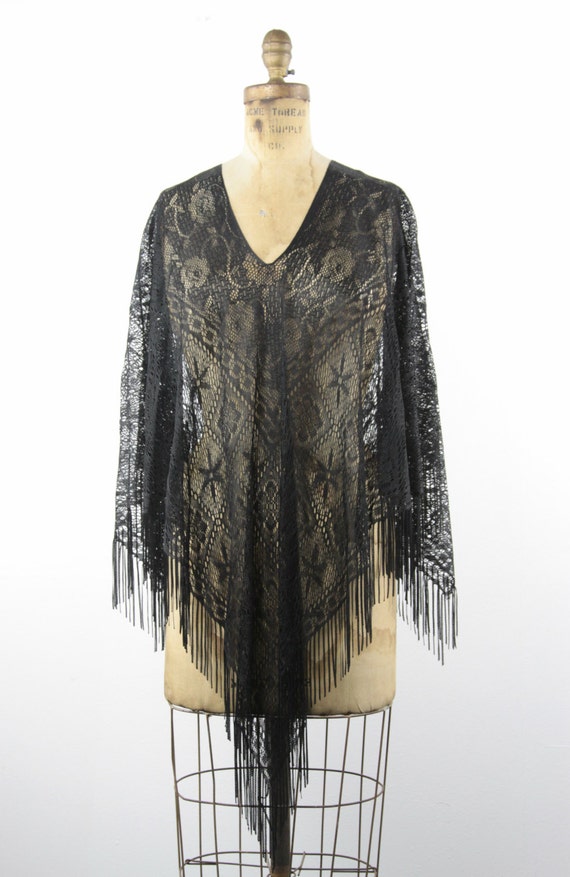 Vintage Floral Black Lace Shawl Poncho with Fringe by FYGApparel