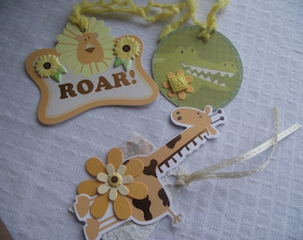 Set of Three Jungle Gift Tags,Party Tags,OOAK Juvenile GIFT Tags,Giraffe Lion Alligator Gift Tags,Scrapbook Tags,Paper Crafts,Party Supplies
