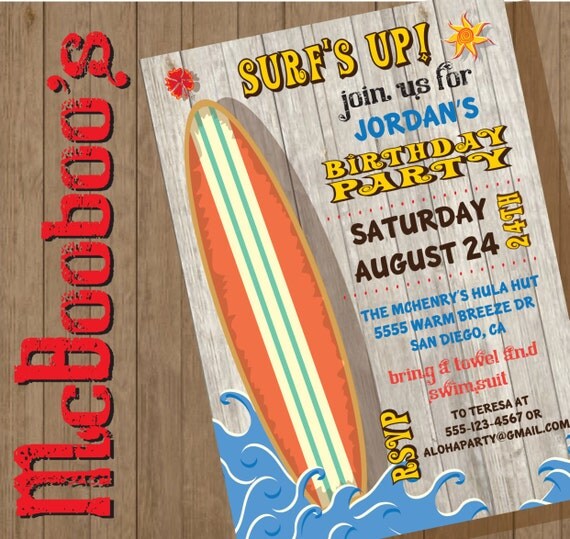 Super fun Surfing Birthday Party invitations with a by McBooboos