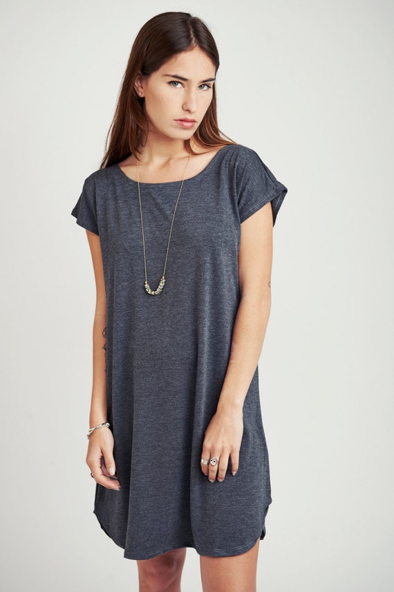 Dark gray T shirt  dress  loose fitting knee  length  summer