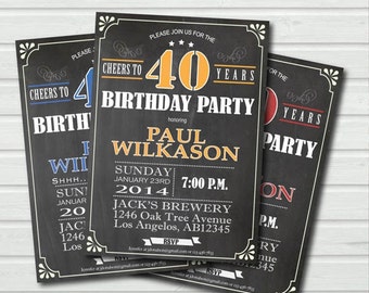 40th birthday invitation. Man or woman surprise birthday invite. Retro chalkboard Yellow. Printable adult birthday party invitation. AB003