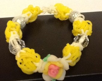 Dual layer Yellow and Glow in the Dark White Beaded Rubber band Bracelet- 'Loomless Lights' Rainbow Loom Bracelet
