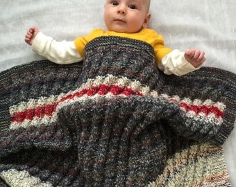 Chunky Knit Baby Blanket, Modern, Gray, White, Red Striped, Girl or Boy Blanket, Toddler Blanket, Stroller Blanket - 089