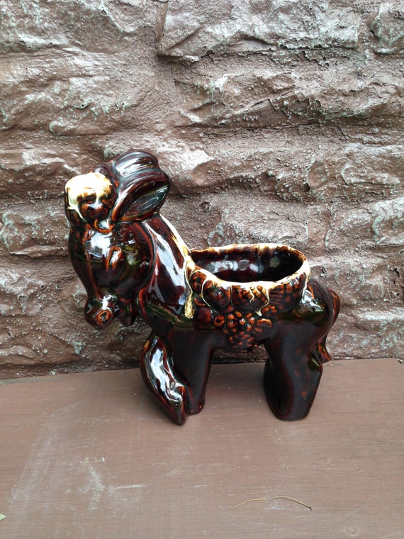 Vintage Brown Drip Glaze Donkey Planter / Utensil Holder USA