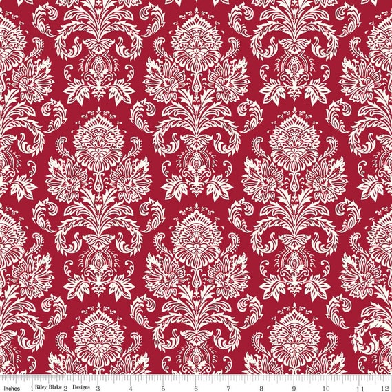 Red Damask Fabric Riley Blake Postcards For Santa C4752
