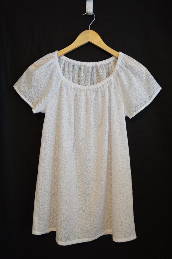 Peasant Blouse White on white floral Cotton Long or Short