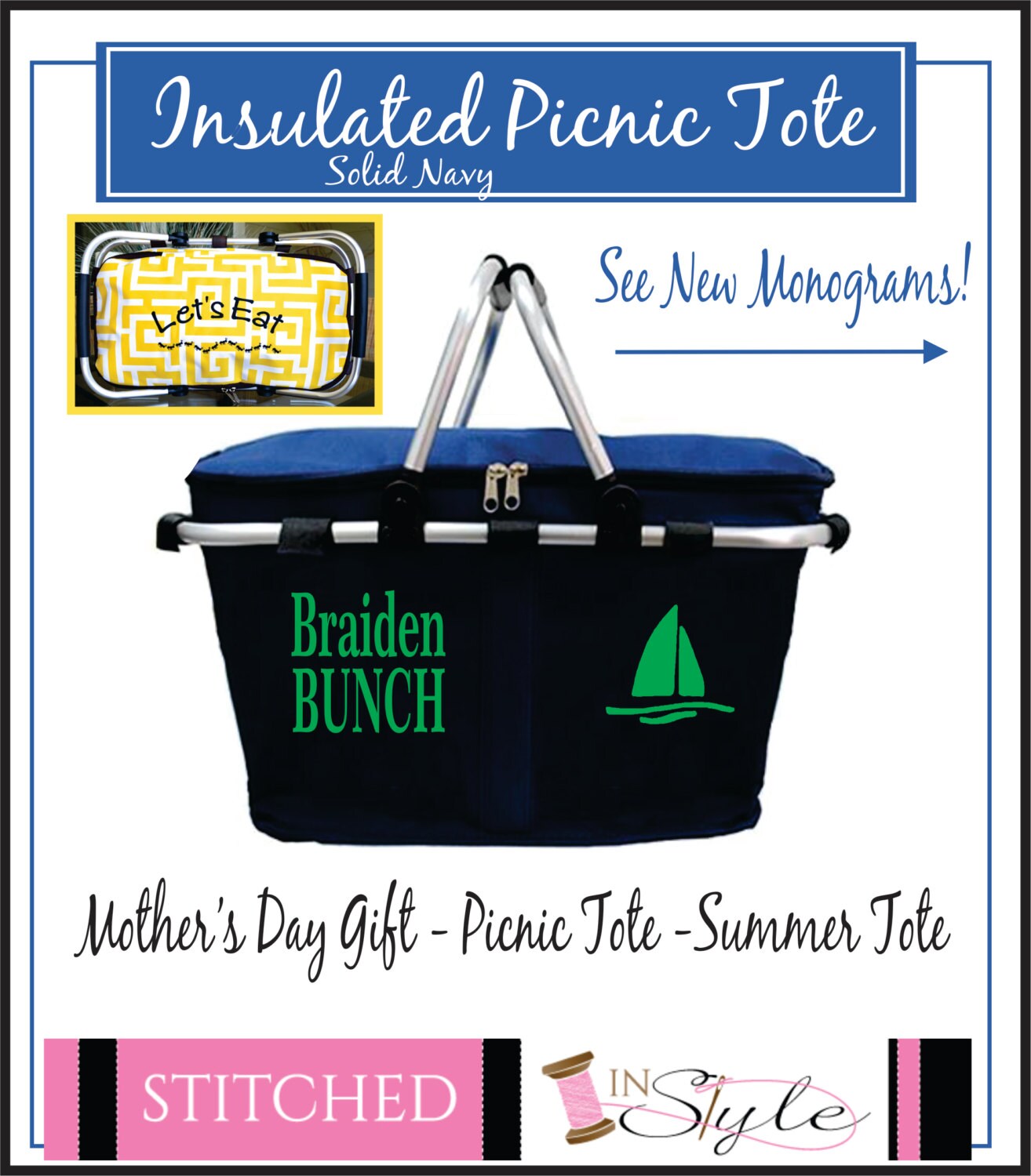 Market Tote Picnic Basket Insulated Navy by StitchedInStyle1