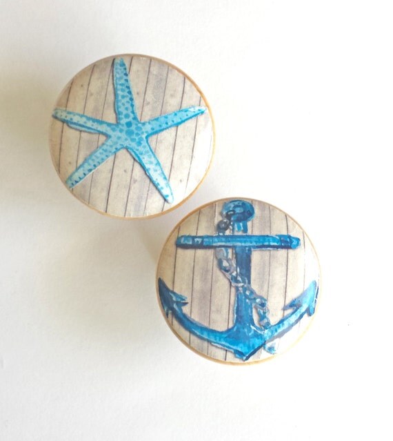 Nautical Knob Drawer Pulls Blue StarFish or Anchor
