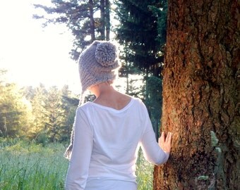 Chunky Knit Hat ~ Grey Marble ~ Chunky Hat ~ with ties