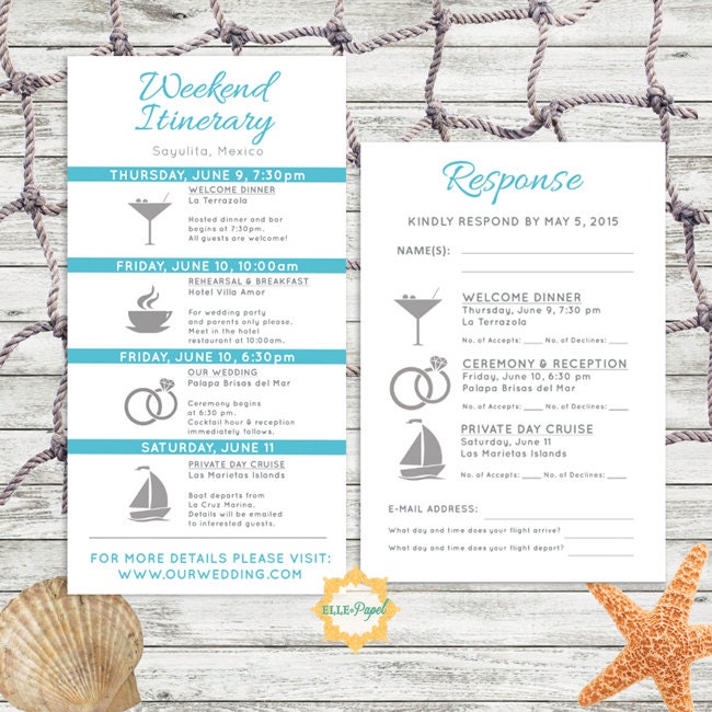 Simple and Modern Wedding Itinerary Card with RSVP Card Customize for a Beach Wedding, Tropical Wedding Destination Wedding Itinerary