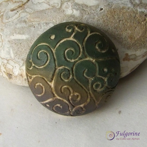 Hollow polymer clay cabochon, olive green brown and champagne filigree