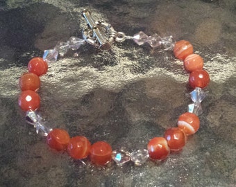 Bracelet Aurora Borealis Crystals + Agate Red Beads Healing D243-4