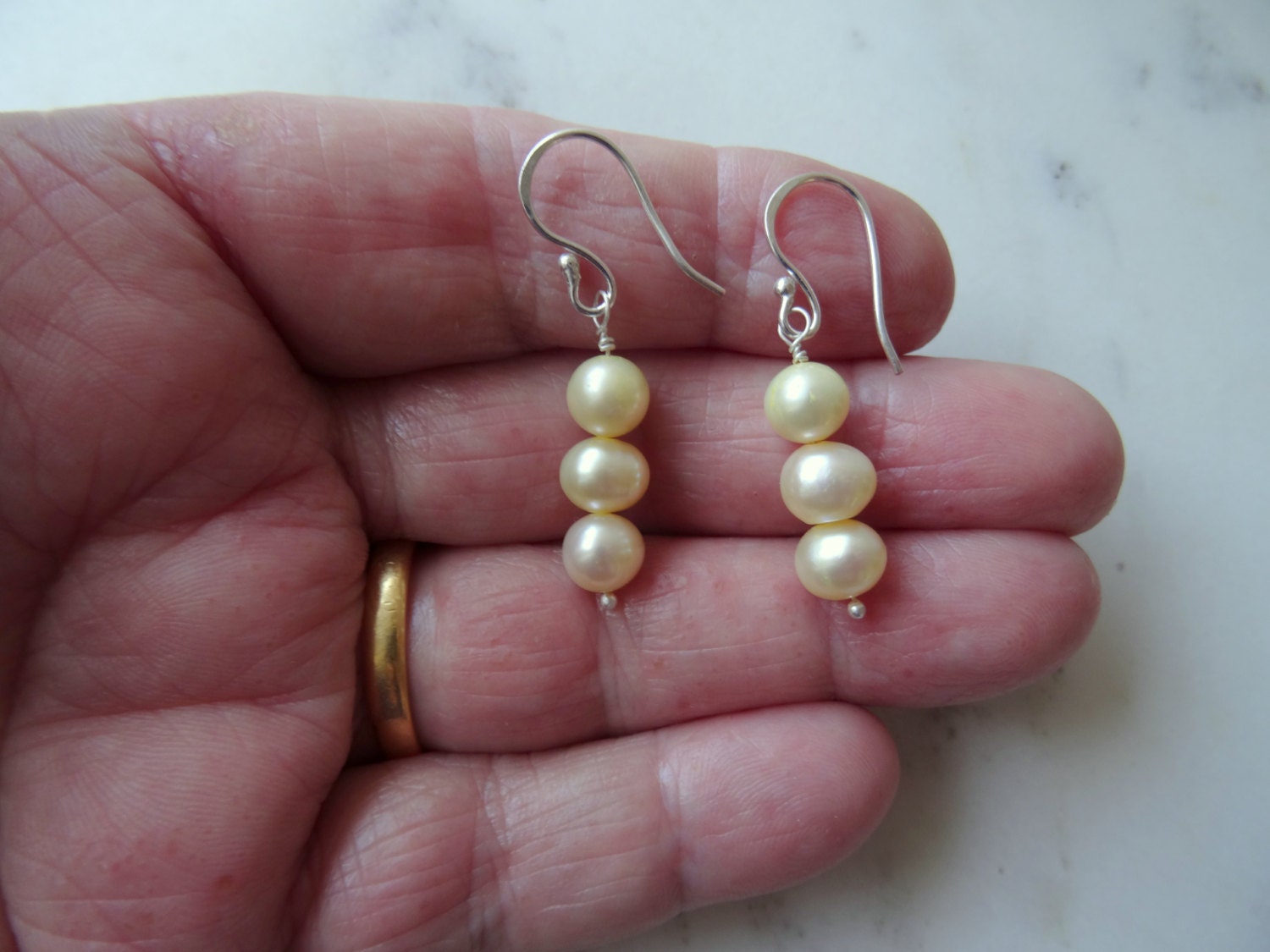 Triple Pearl earrings long cream Pearl by CalicoRoseStudio on Etsy