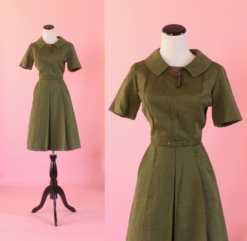 1950s Gay Gibson cotton blend dress/ 50s green day dress/