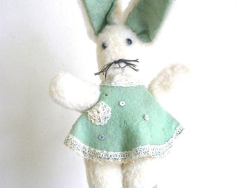 VINTAGE TOY RABBIT - well loved sweet vintage collectable bunny rabbit / white mohair, mint green felt dress & shoes
