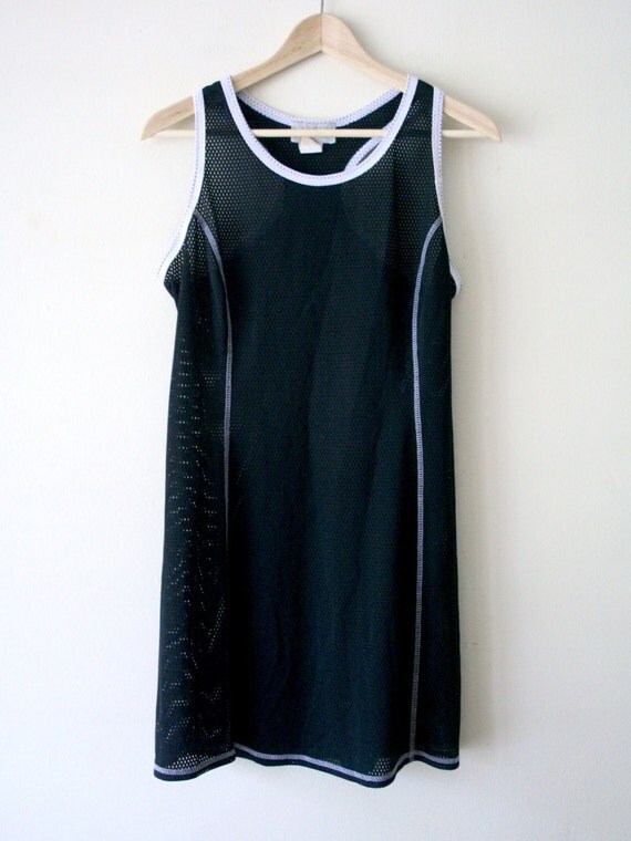 90s Black Jersey Mesh Dress Athletic Dress by DownHouseVintage