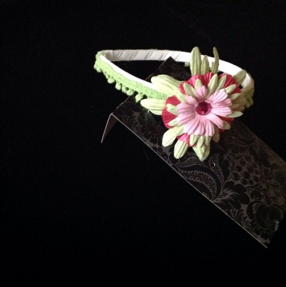 Lime Green Embellished Headband with Rose and Pink Hued Flower and