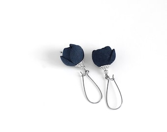 Modern style suede leather earrings in navy blue