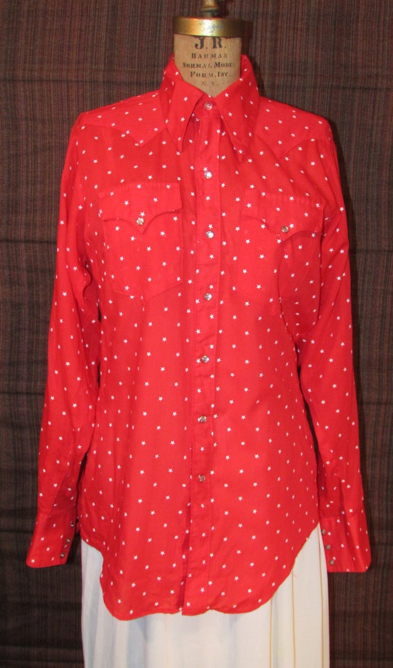 Vintage 1970s Western Wear Shirt Cowgirl Blouse Red & White