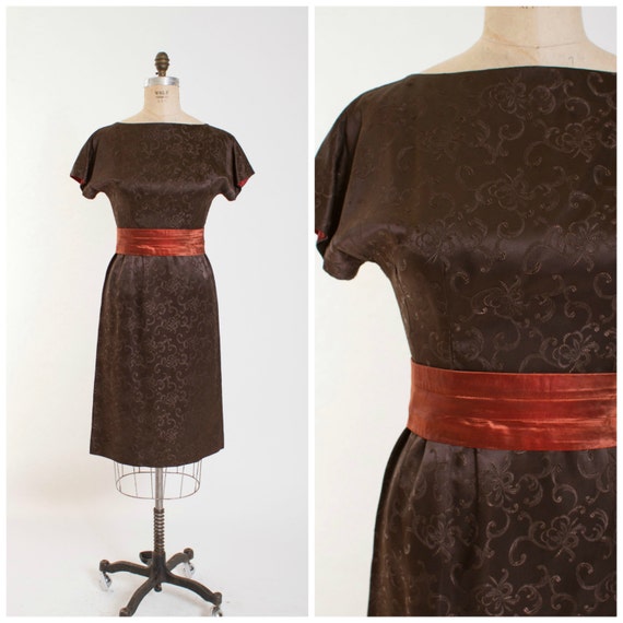 1950s Vintage Cocktail Dress in Brown Jacquard Vintage 50s