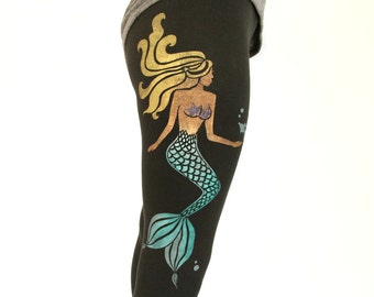 Mermaid YOGA PANTS, Turquoise Beachy Hand Painted Mermaid Pants, Gifts for Yogi