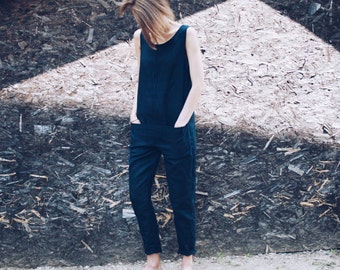 Linen Jumpsuit - Linen Overall - Navy Blue Linen Overall - Women Overall - Handmade by OFFON