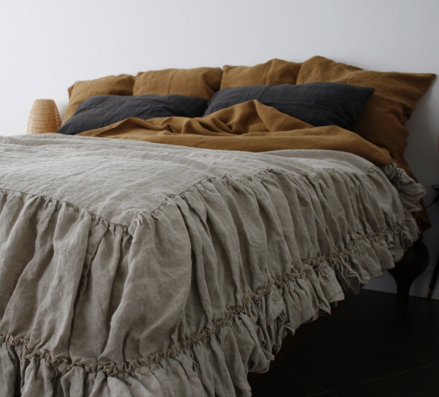 LINEN COVERLET with two ruffles. Linen bedspread dust ruffle.