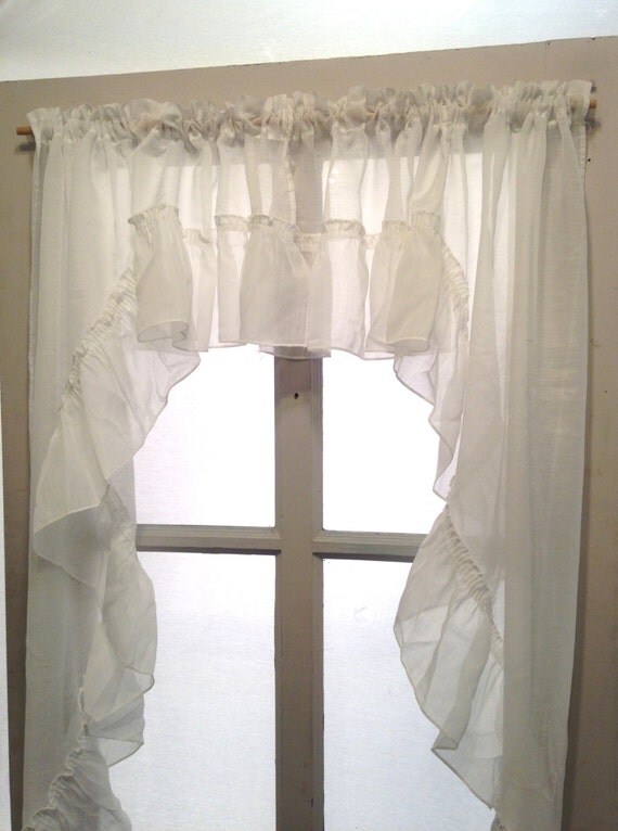 shabby ruffled cafe curtain swag (2 panels); country cottage chic, semi sheer window treatment
