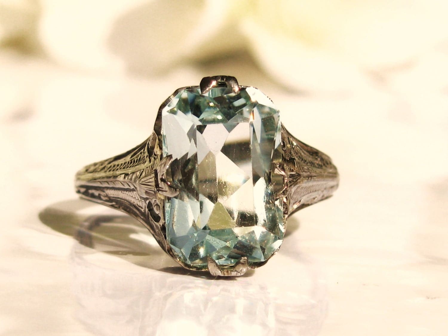 Antique Engagement Ring 5.34ct Emerald Cut Aquamarine Ring 18K