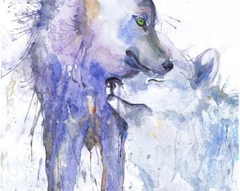 Wolf Painting Watercolor, two Wolves Art, animals couple, Illustration, poster, animal art, art print, nature painting, wolf wall art