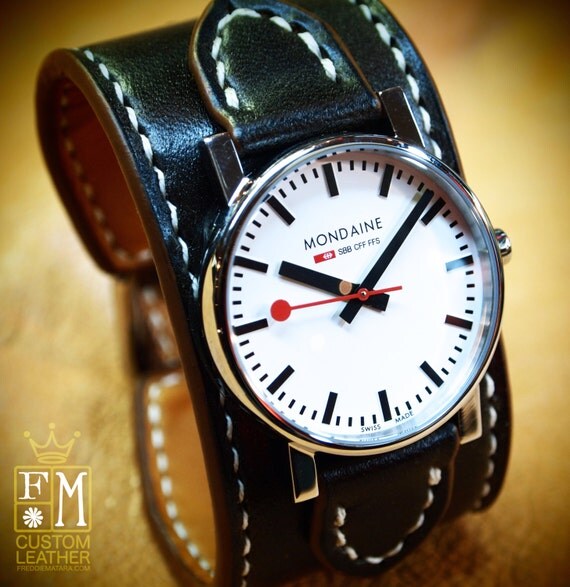 Leather cuff watch Mondaine Swiss watch 1.5" wide Black Custom made for YOU in NYC by Freddie Matara