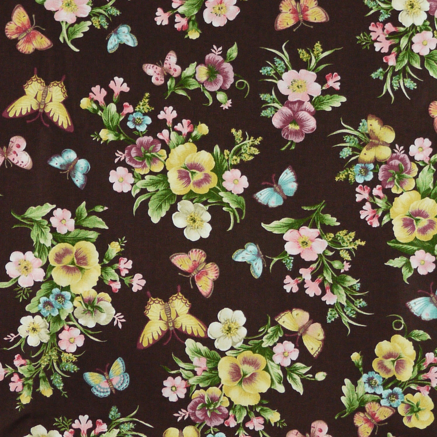 Brown Floral Butterfly Print Quilting Cotton Fabric